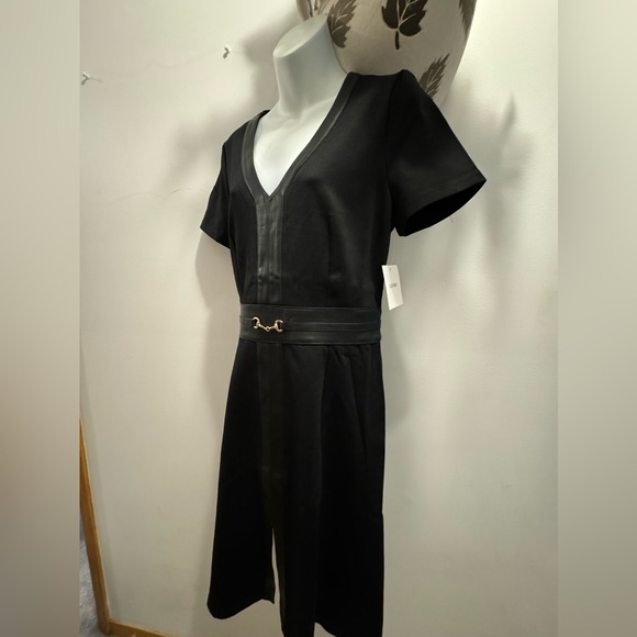 Ellen Stacy PONTE FLARE BLACK DRESS WITH VEGAN LEATHER TRIM size M - Picture 4 of 16